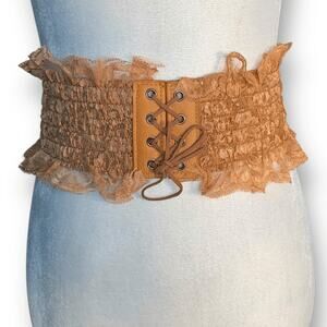 Yik Fung Vintage Y2K Camel Lace Corset Belt  Leather Tie Accents Statement